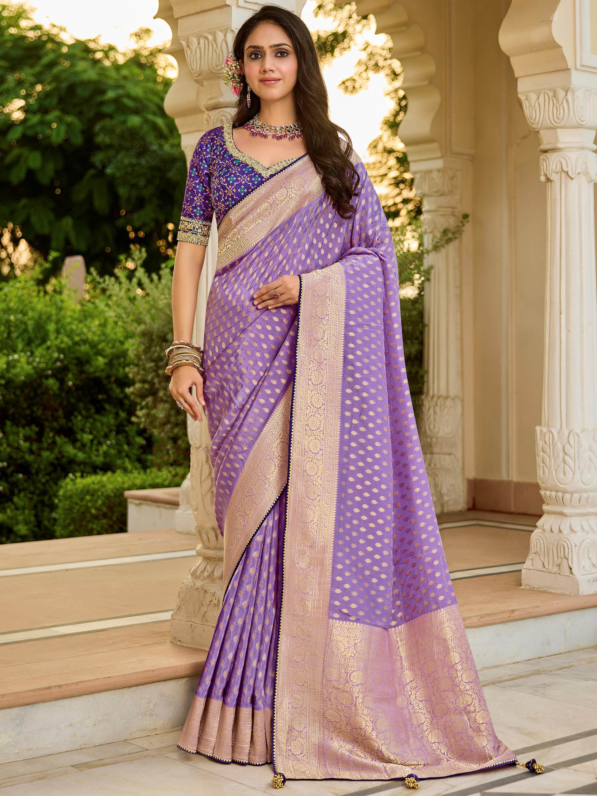 Adorable Lavender Zari Weaving Silk Wedding Wear Saree With Blouse 