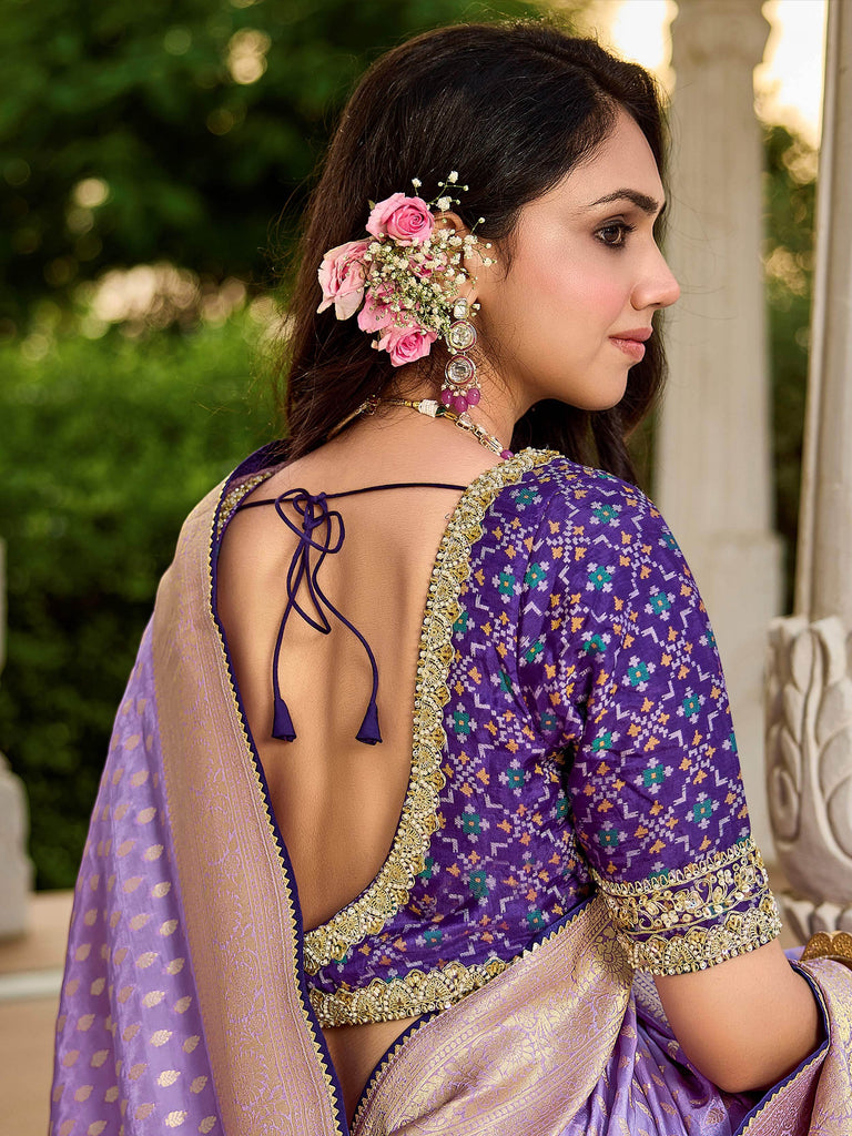 Adorable Lavender Zari Weaving Silk Wedding Wear Saree With Blouse 