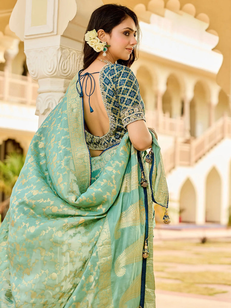 Great Green Zari Weaving Silk Reception Wear Saree With Blouse