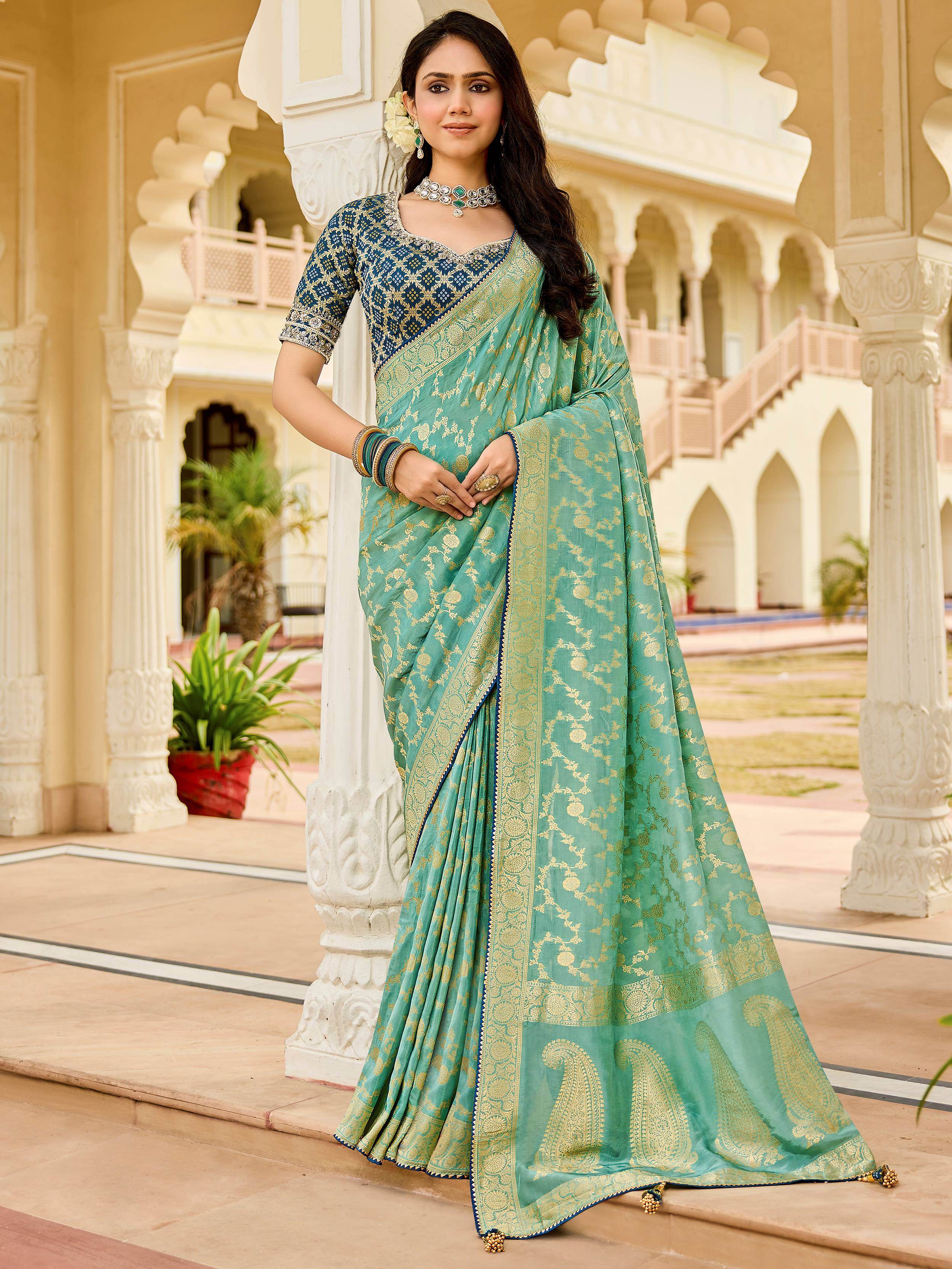 Great Green Zari Weaving Silk Reception Wear Saree With Blouse