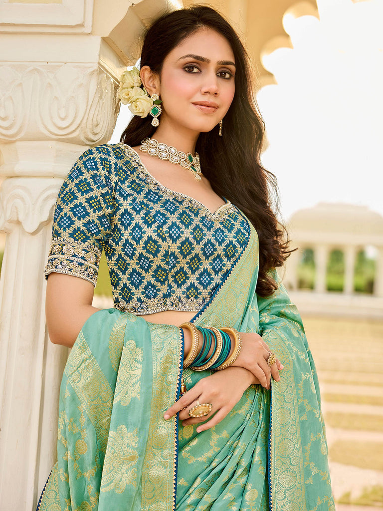 Great Green Zari Weaving Silk Reception Wear Saree With Blouse