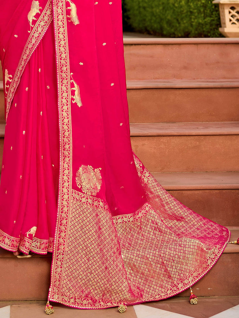 Incredible Pink Zari Weaving Silk Festive Wear Saree With Blouse
