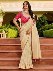 Enchanting Beige Zari Weaving Silk Traditional Wear Saree With Blouse 
