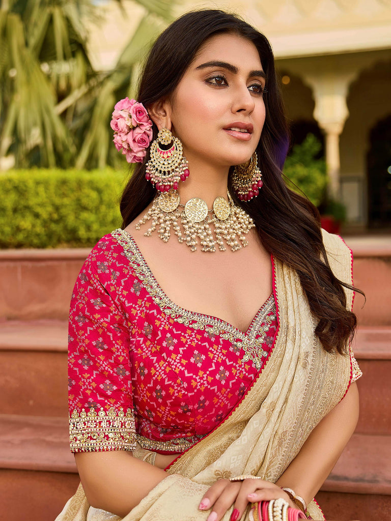 Enchanting Beige Zari Weaving Silk Traditional Wear Saree With Blouse 