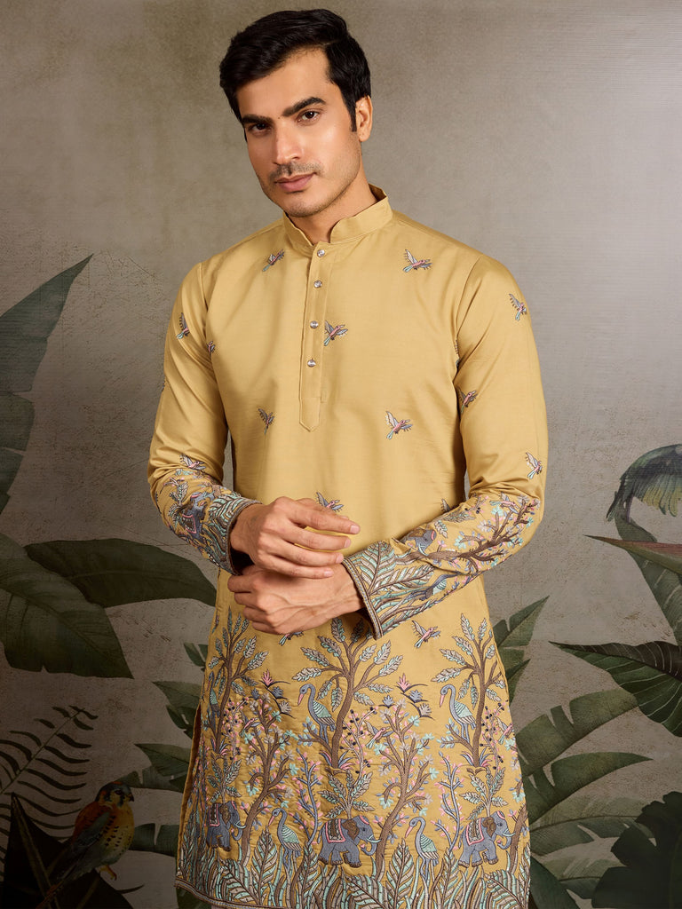 Precious Yellow Thread Work Viscose Wedding For Men Kurta