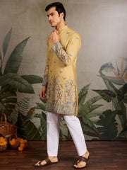 Precious Yellow Thread Work Viscose Wedding For Men Kurta