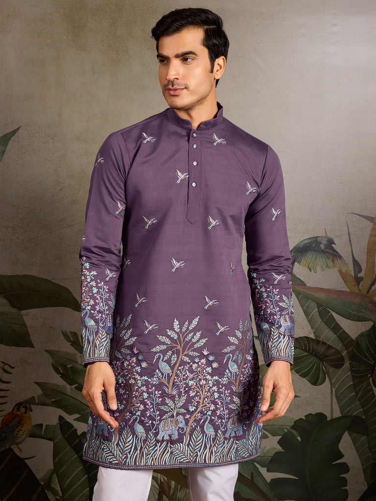 Wonderful Dusty Purple Sequins Viscose Function Wear Men Kurta