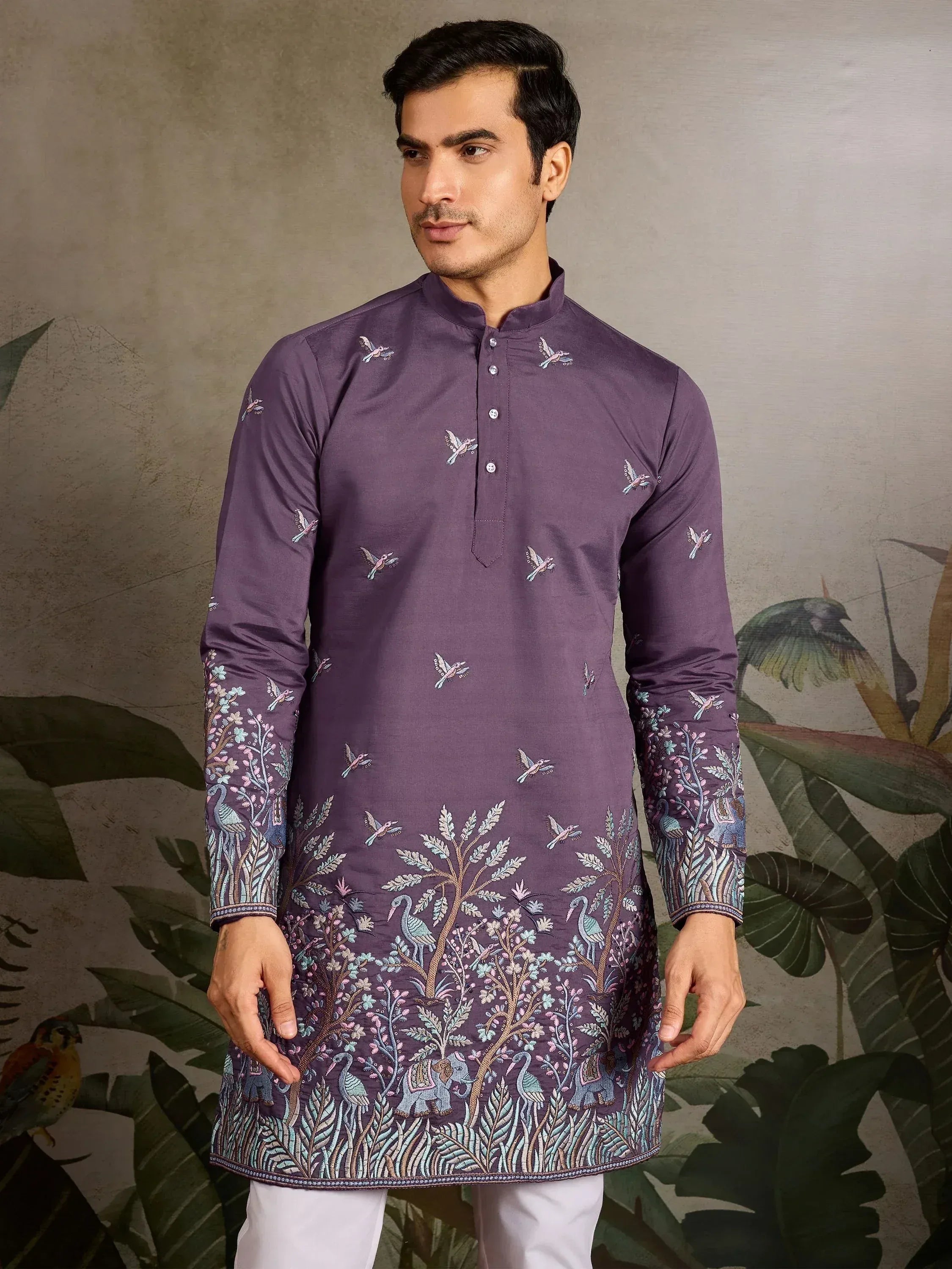 Purple embroidered kurta with bird and tree motifs, ethnic wear for men