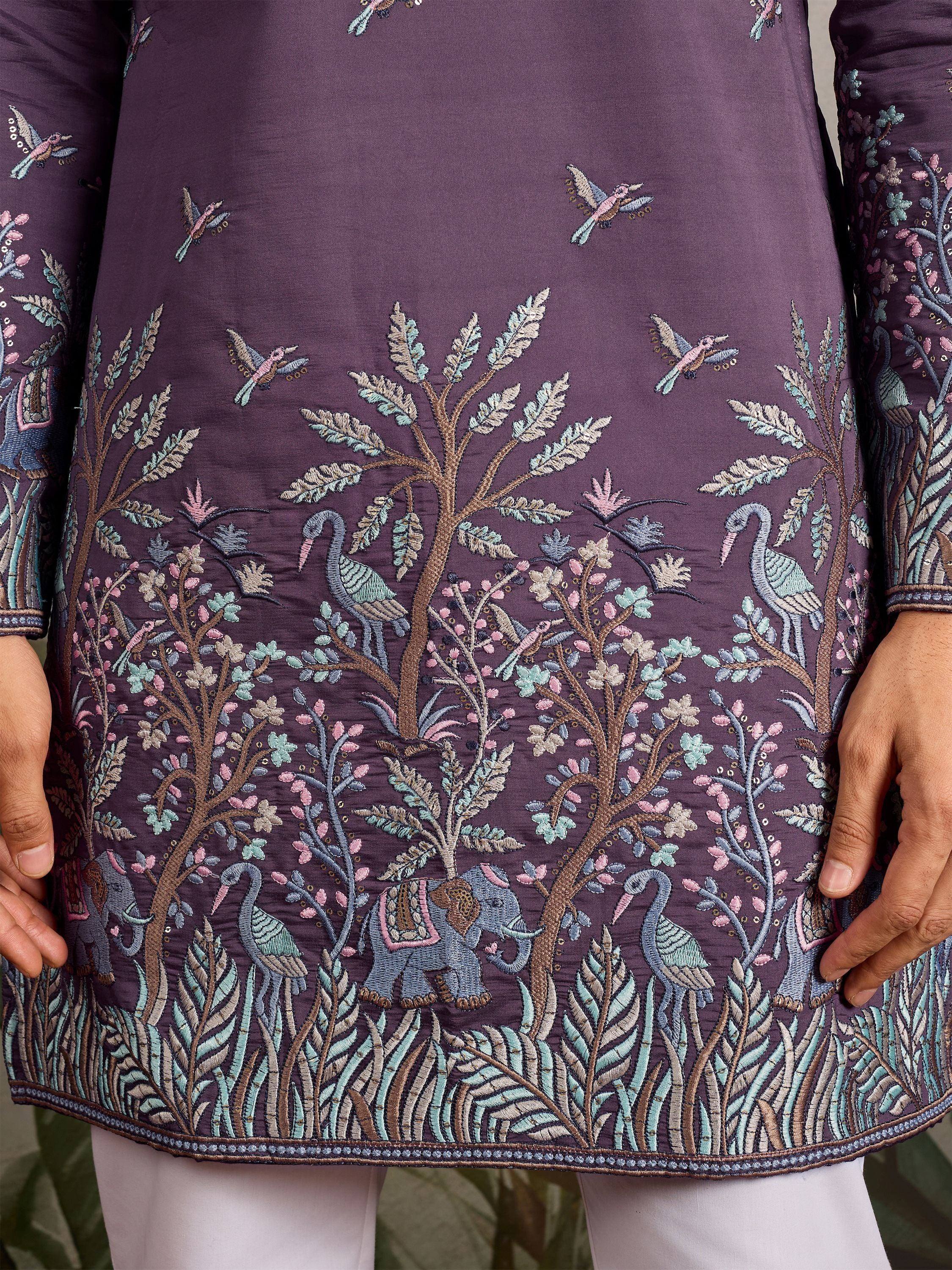 Purple ethnic kurta with intricate bird, tree, and elephant embroidery for women's traditional wear