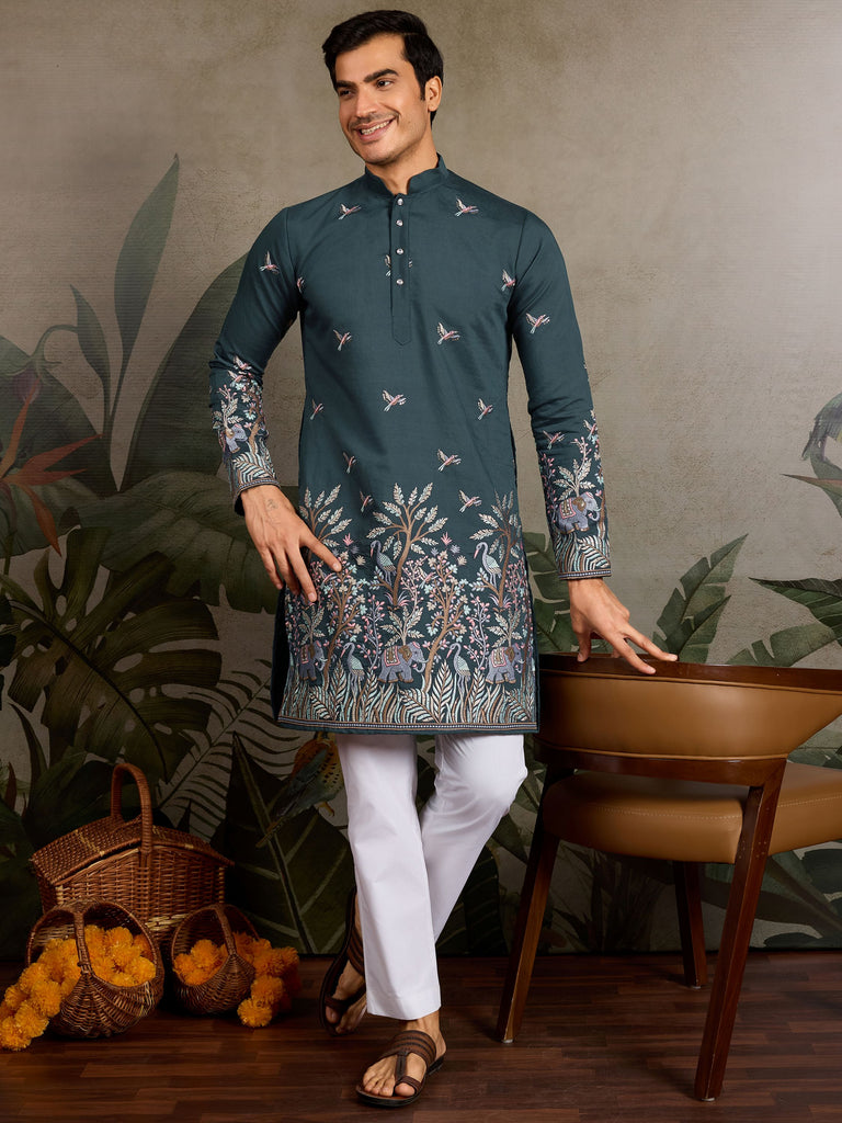 Graceful Teal Green Thread Embroidered Viscose Wedding For Men Kurta