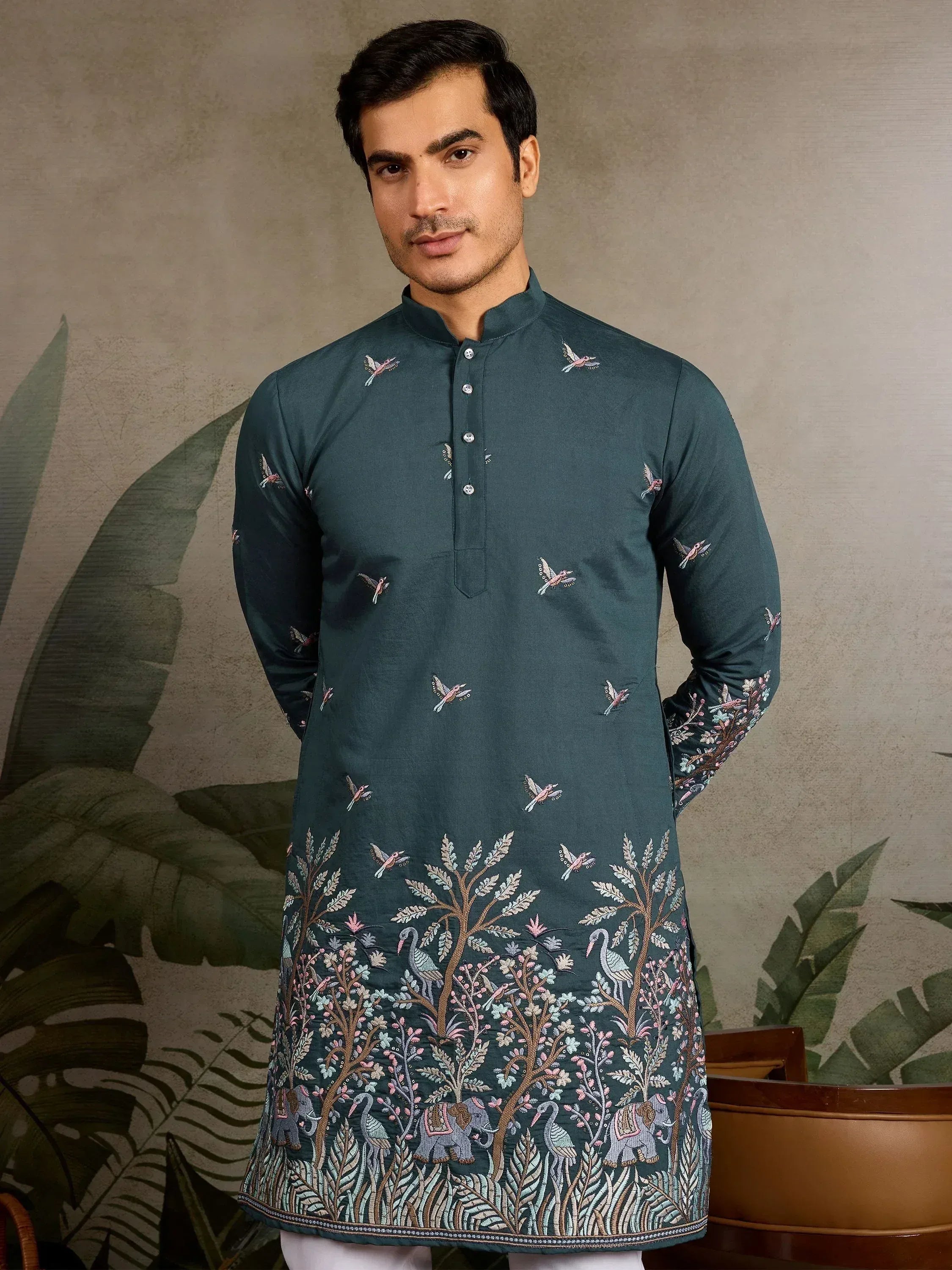 Men's dark green kurta with bird and tree embroidery, Indian ethnic wear
