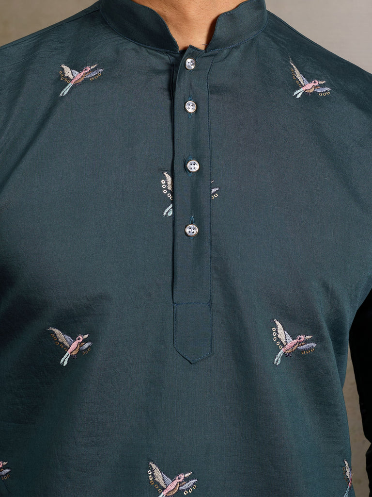 Graceful Teal Green Thread Embroidered Viscose Wedding For Men Kurta