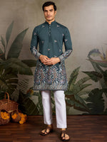 Graceful Teal Green Thread Embroidered Viscose Wedding For Men Kurta