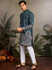Graceful Teal Green Thread Embroidered Viscose Wedding For Men Kurta