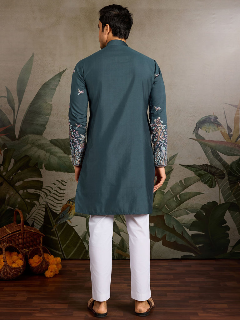 Graceful Teal Green Thread Embroidered Viscose Wedding For Men Kurta