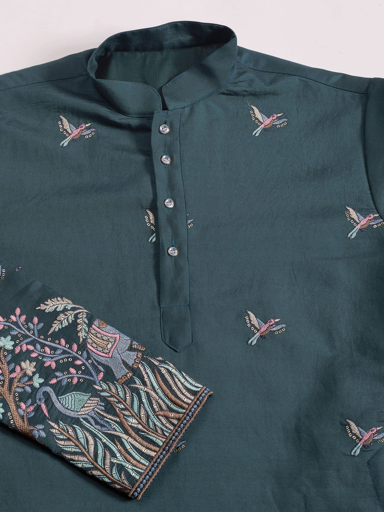 Graceful Teal Green Thread Embroidered Viscose Wedding For Men Kurta