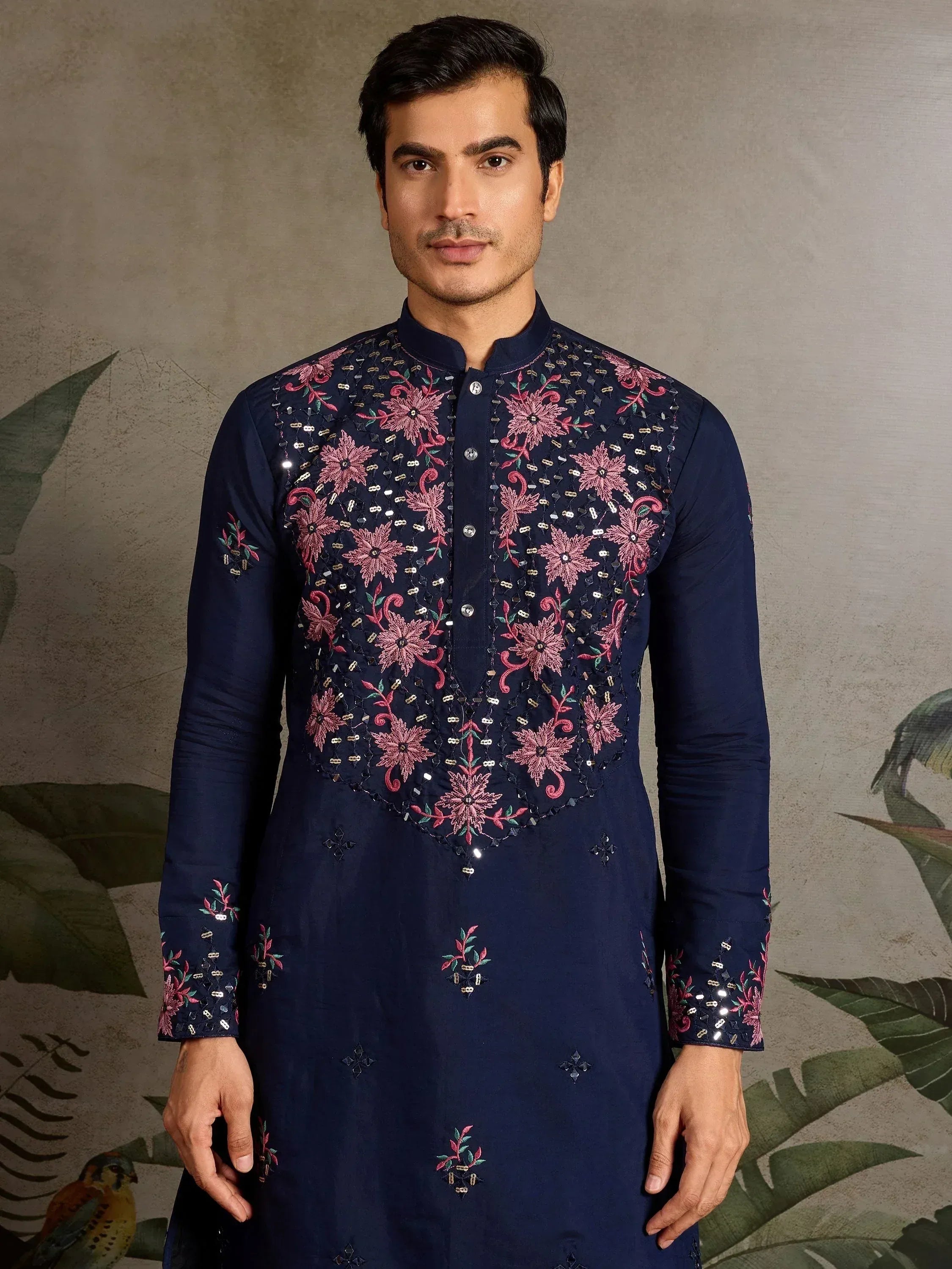 Navy blue embroidered kurta with pink floral design, perfect for Indian ethnic wear occasions