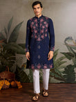 Fascinating Navy Blue Thread Work Viscose Silk Wedding For Men Kurta
