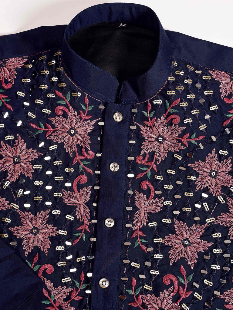 Fascinating Navy Blue Thread Work Viscose Silk Wedding For Men Kurta