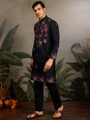 Majestic Black Sequins Viscose Silk Function Wear Men Kurta 