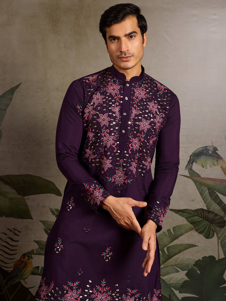Beautiful Purple Thread Embroidered Viscose Silk Wedding Wear Men Kurta 