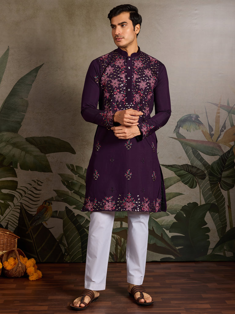 Beautiful Purple Thread Embroidered Viscose Silk Wedding Wear Men Kurta 