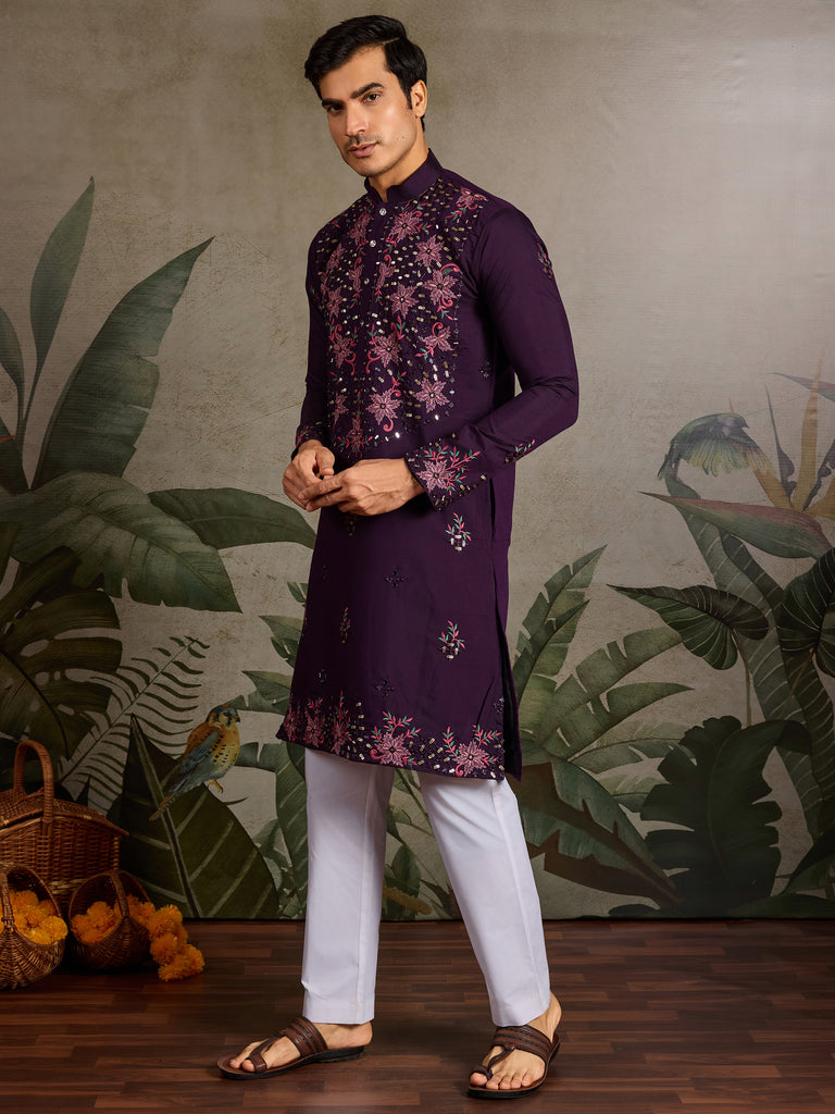 Beautiful Purple Thread Embroidered Viscose Silk Wedding Wear Men Kurta 