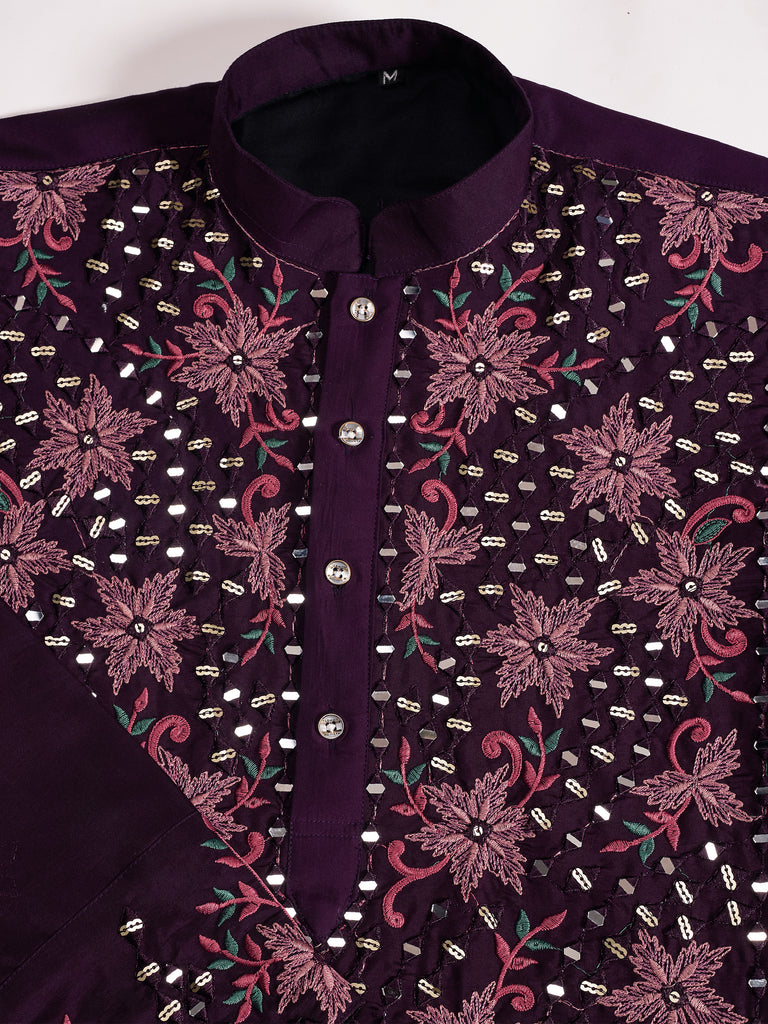 Beautiful Purple Thread Embroidered Viscose Silk Wedding Wear Men Kurta 