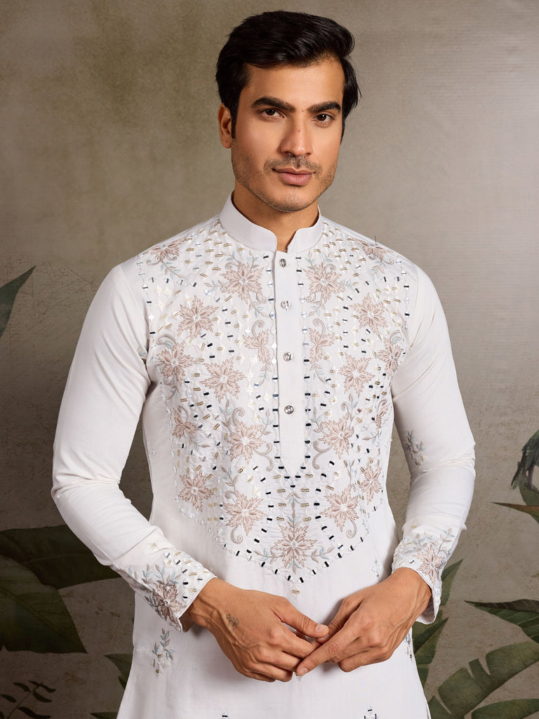 Stunning White Thread Work Viscose Silk Festival Wear Men Kurta