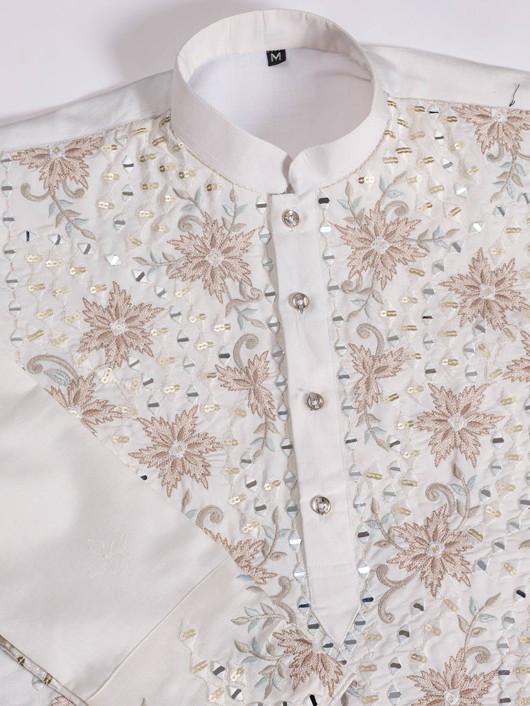 Stunning White Thread Work Viscose Silk Festival Wear Men Kurta