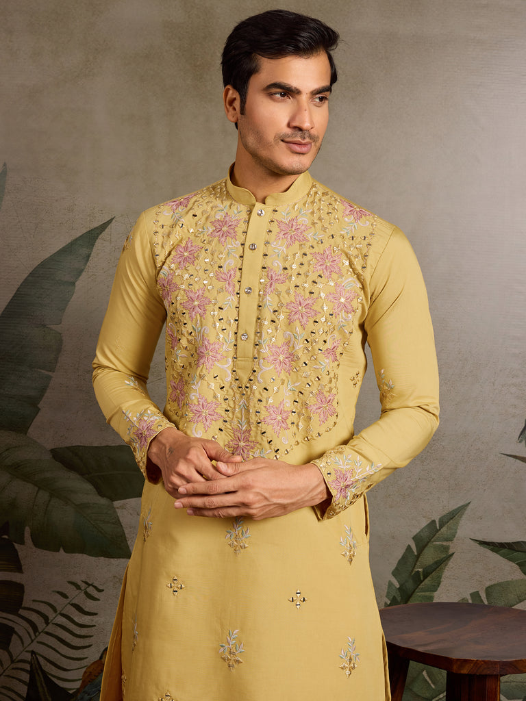 Outstanding Yellow Thread Embroidered Viscose Silk Haldi Wear Men Kurta 