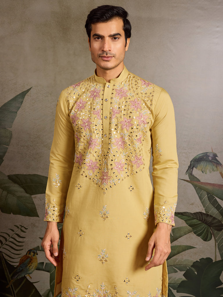 Outstanding Yellow Thread Embroidered Viscose Silk Haldi Wear Men Kurta 