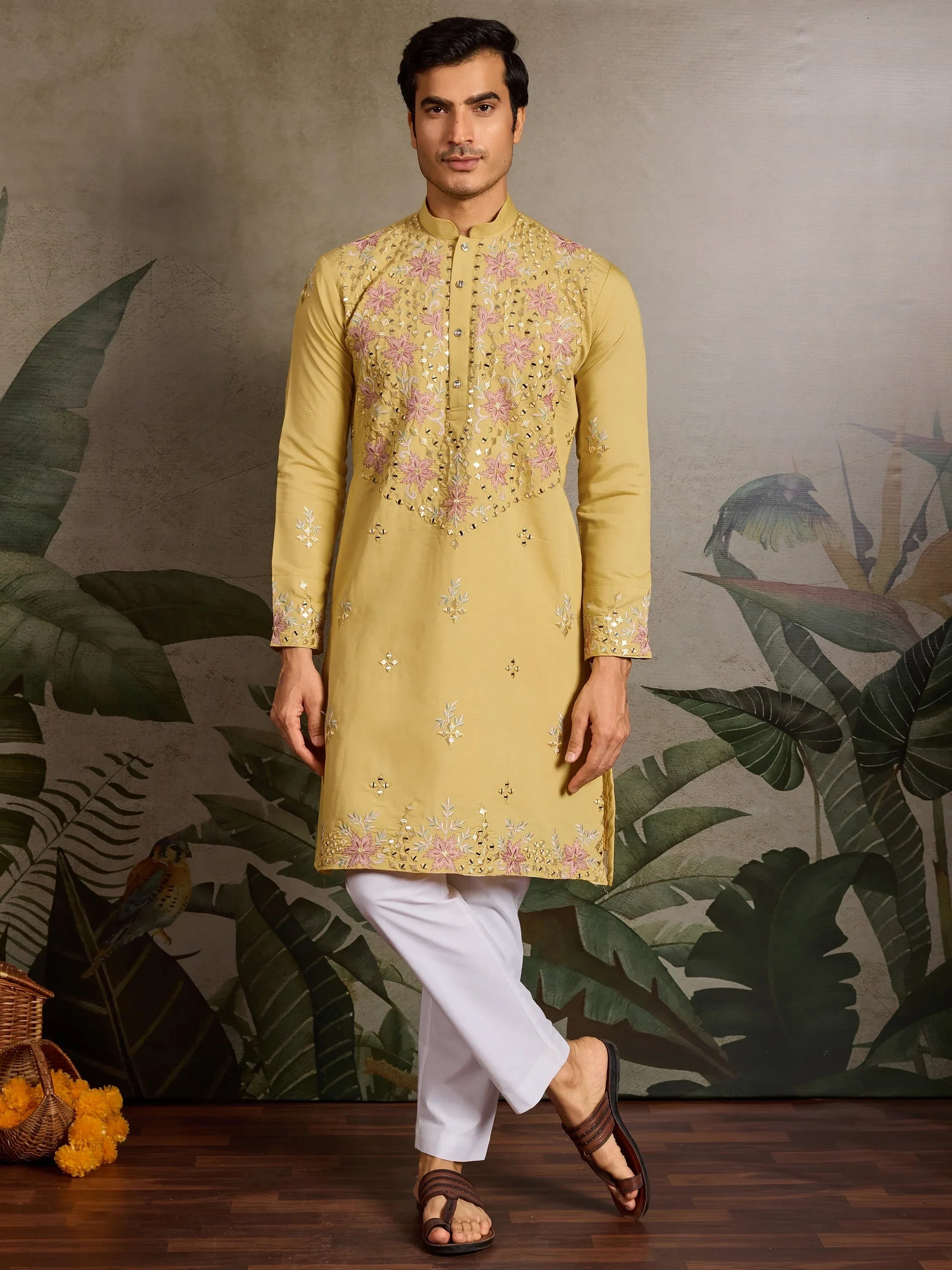 Outstanding Yellow Thread Embroidered Viscose Silk Haldi Wear Men Kurta 