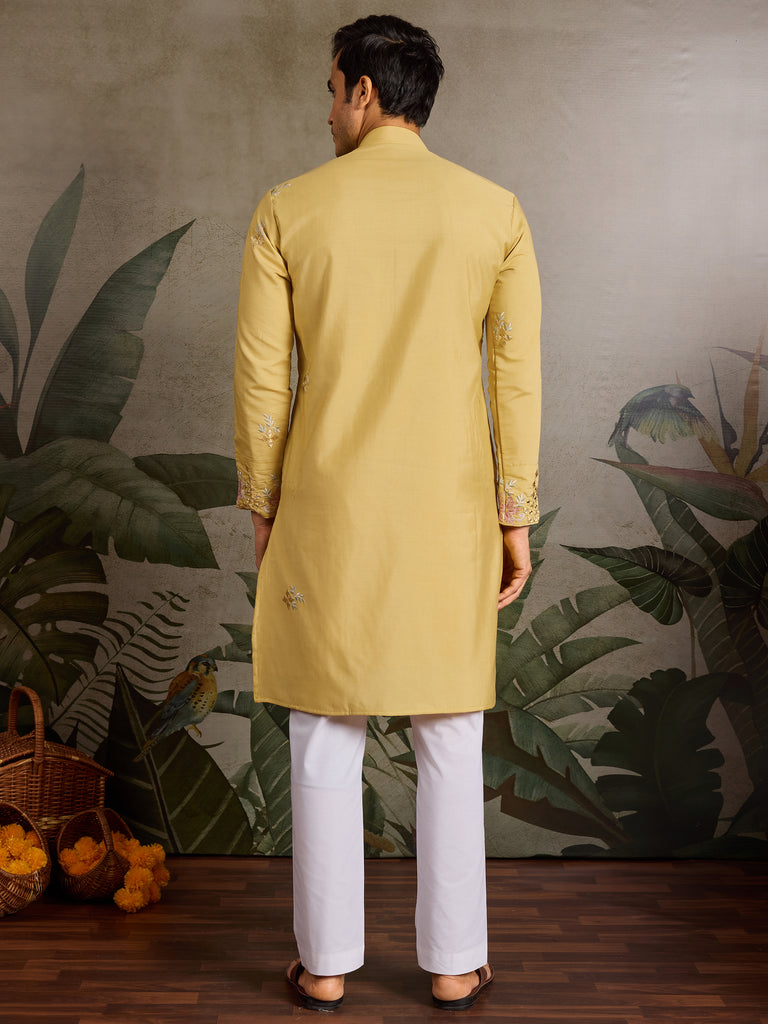 Outstanding Yellow Thread Embroidered Viscose Silk Haldi Wear Men Kurta 