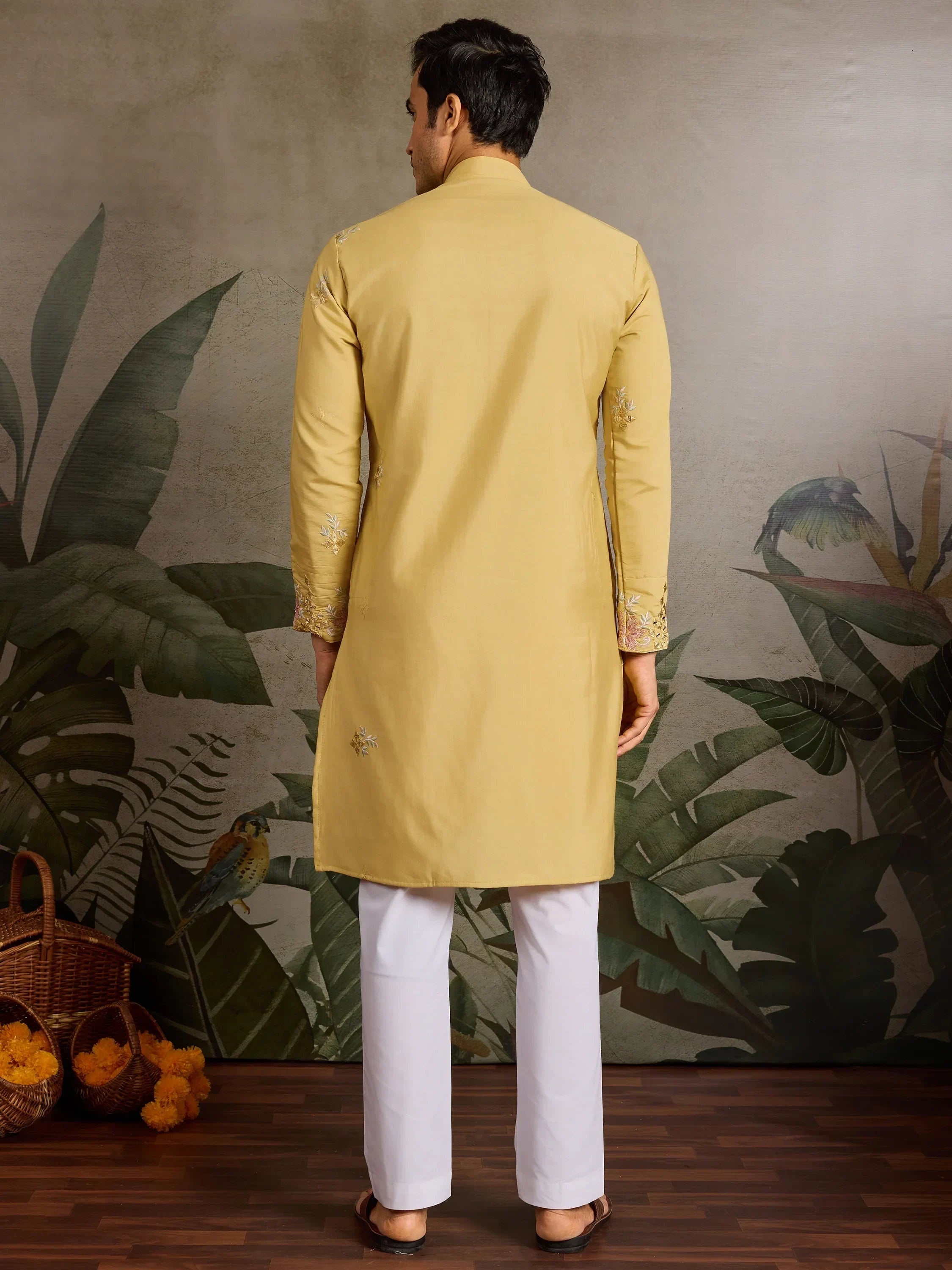 Outstanding Yellow Thread Embroidered Viscose Silk Haldi Wear Men Kurta 