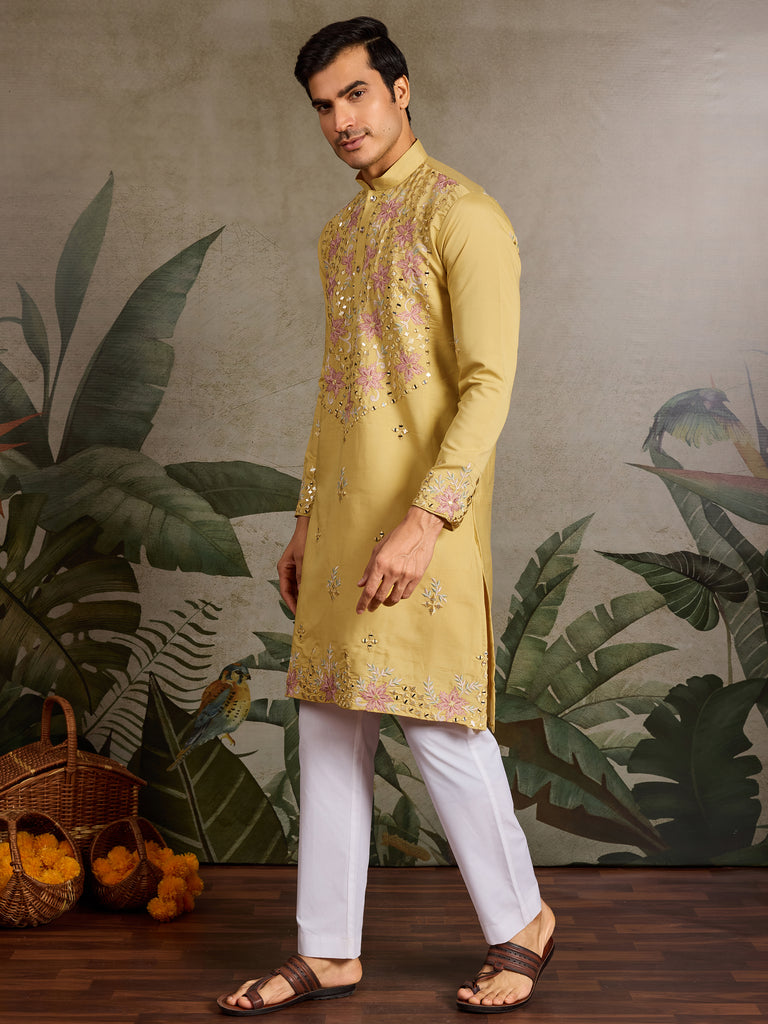 Outstanding Yellow Thread Embroidered Viscose Silk Haldi Wear Men Kurta 