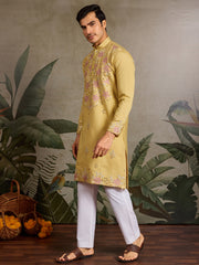 Outstanding Yellow Thread Embroidered Viscose Silk Haldi Wear Men Kurta 