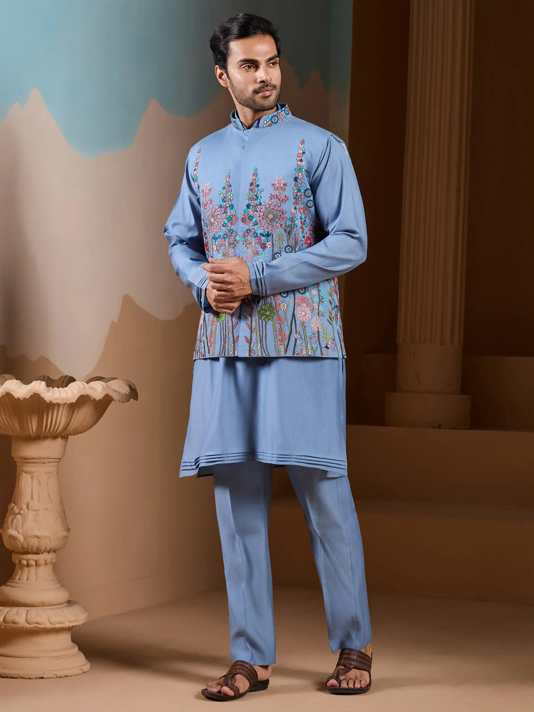 Classic Sky Blue Silk Men's Kurta And Pant With Thread Work Jacket