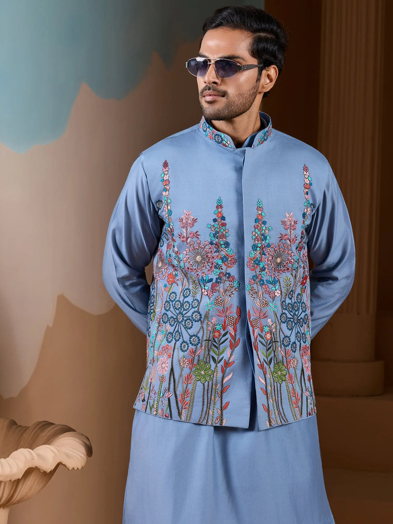 Classic Sky Blue Silk Men's Kurta And Pant With Thread Work Jacket