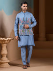 Classic Sky Blue Silk Men's Kurta And Pant With Thread Work Jacket