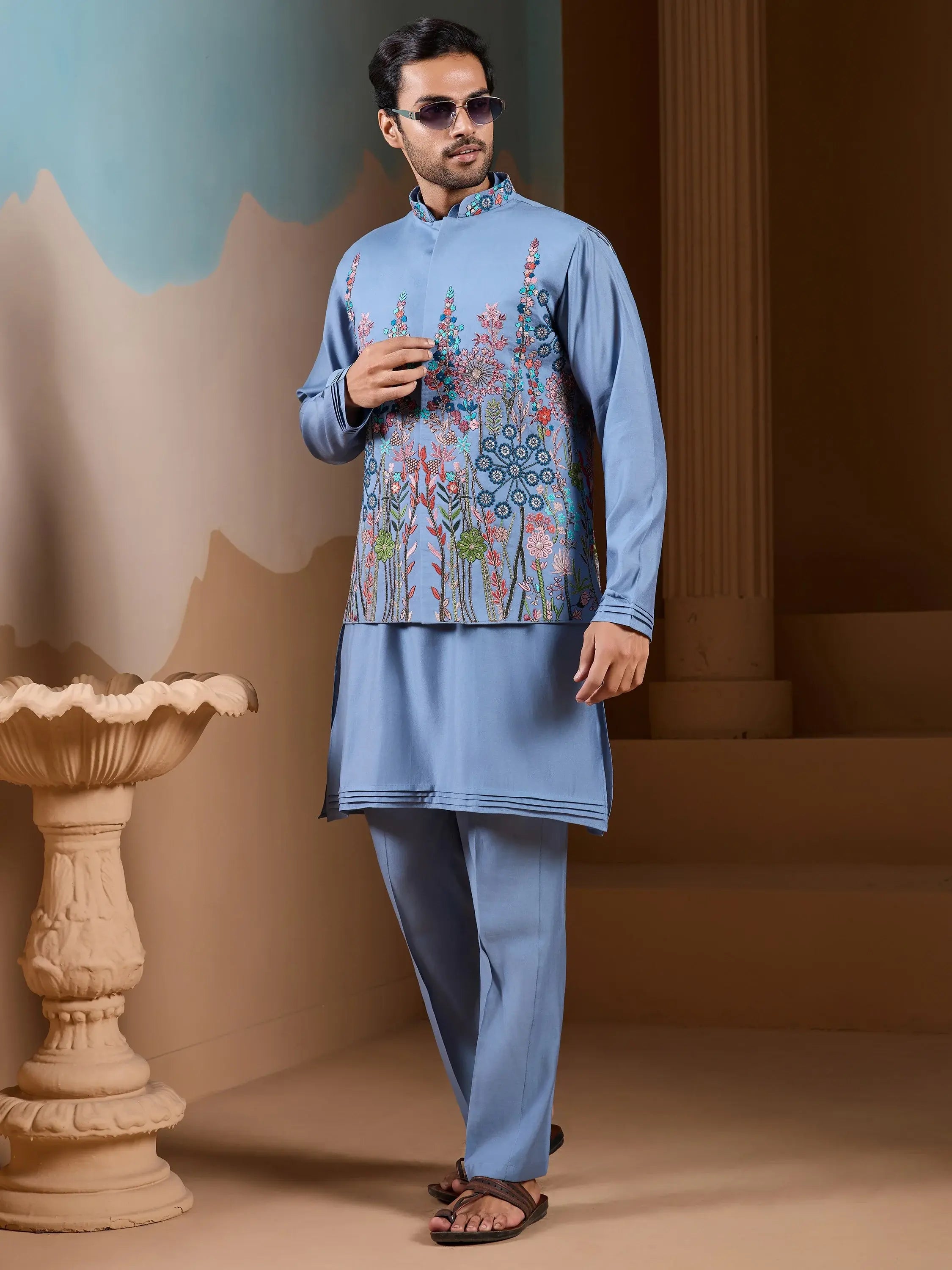 Classic Sky Blue Silk Men's Kurta And Pant With Thread Work Jacket