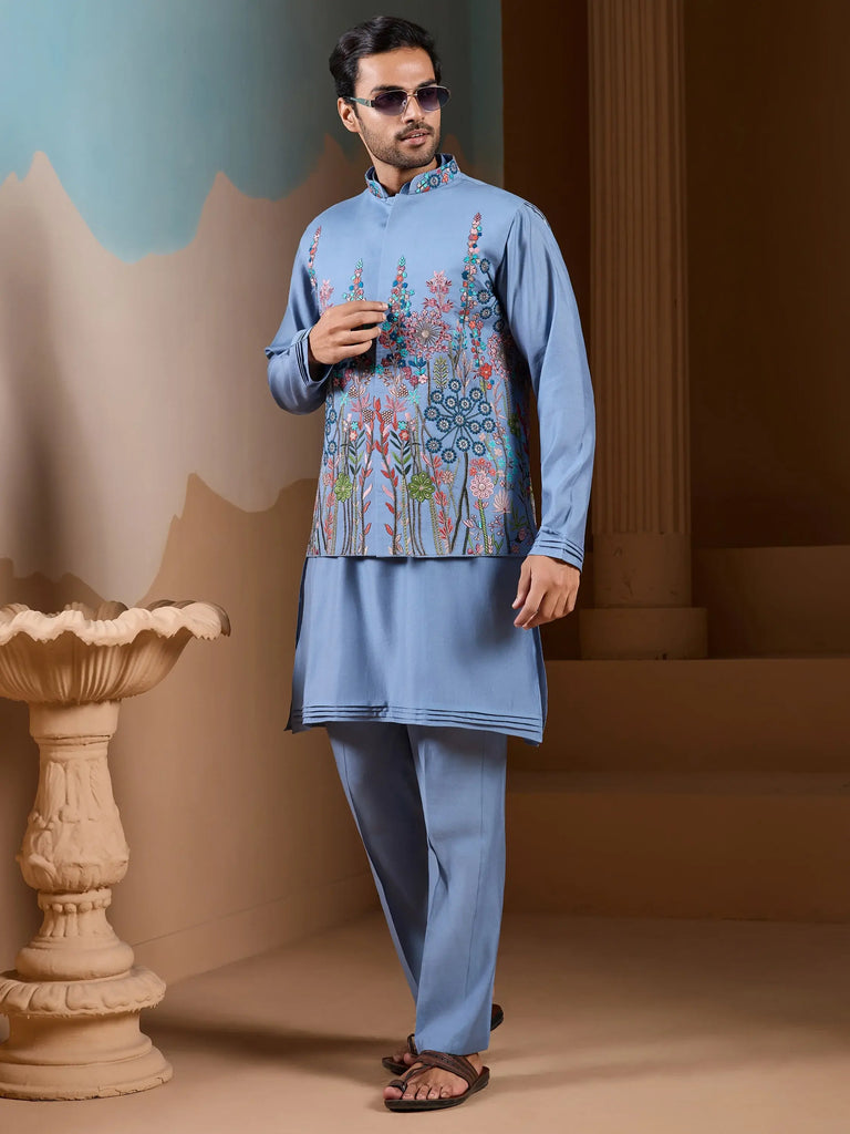 Classic Sky Blue Silk Men's Kurta And Pant With Thread Work Jacket