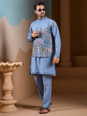 Classic Sky Blue Silk Men's Kurta And Pant With Thread Work Jacket