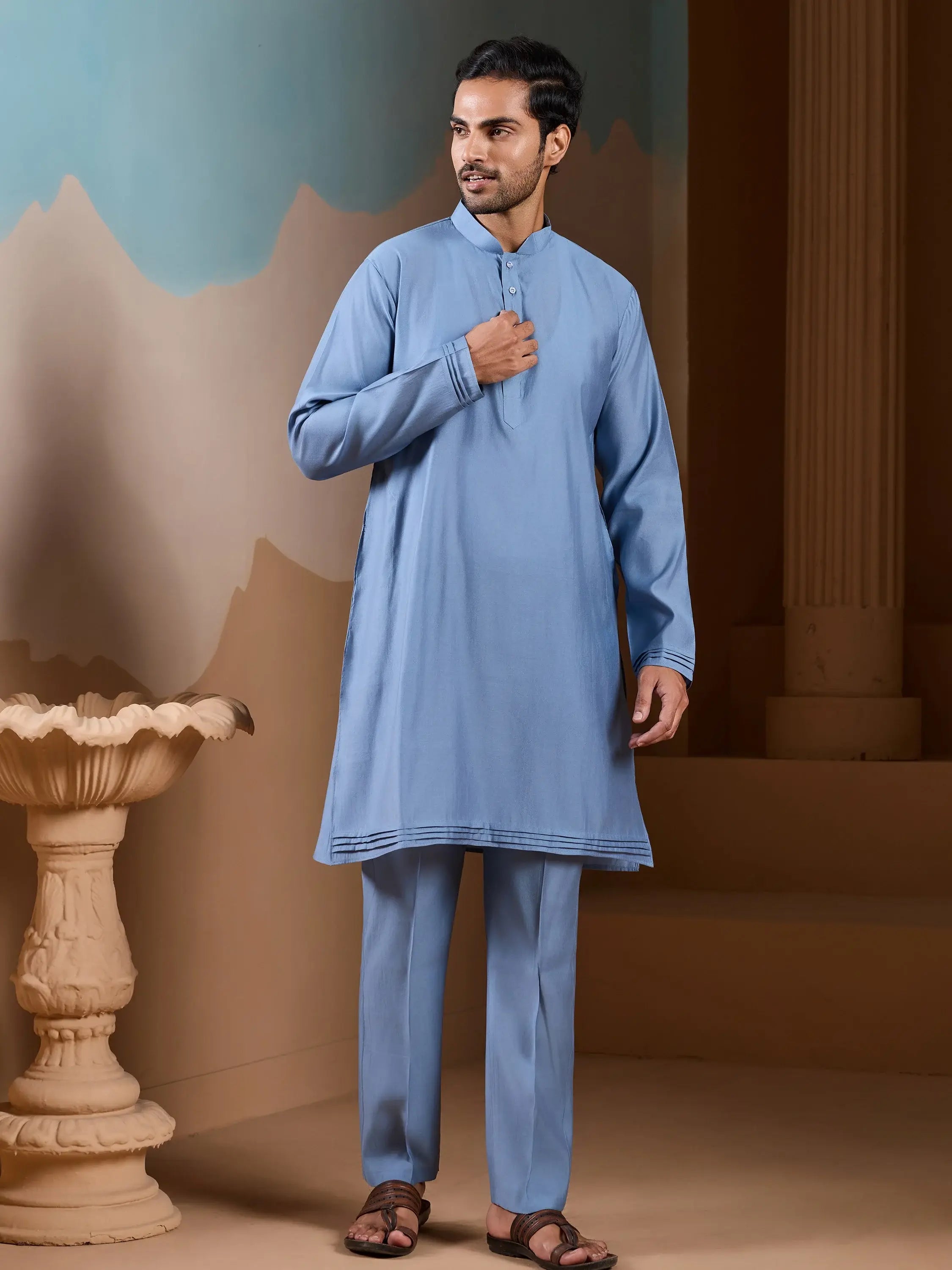Classic Sky Blue Silk Men's Kurta And Pant With Thread Work Jacket