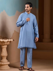 Classic Sky Blue Silk Men's Kurta And Pant With Thread Work Jacket