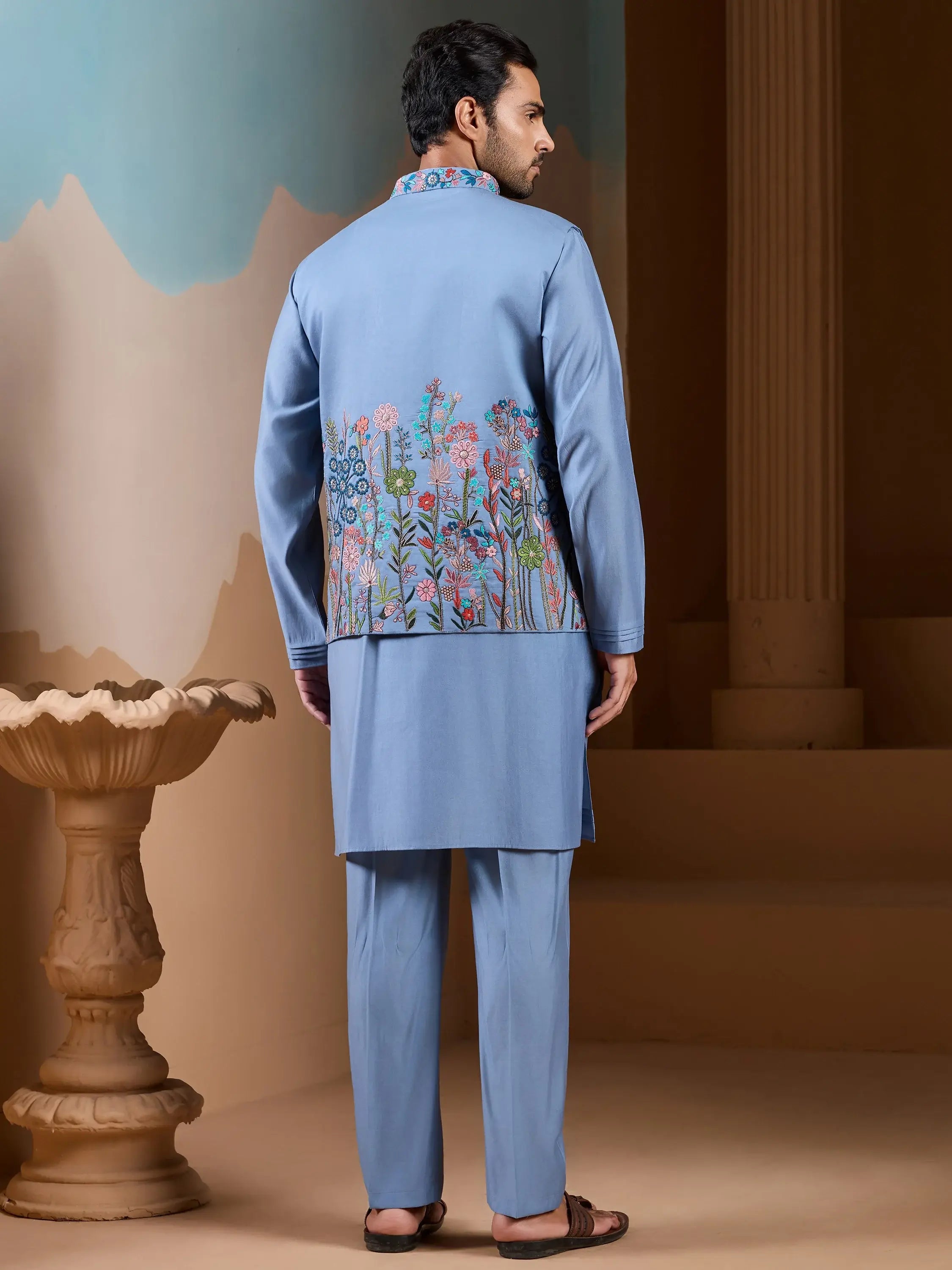 Classic Sky Blue Silk Men's Kurta And Pant With Thread Work Jacket