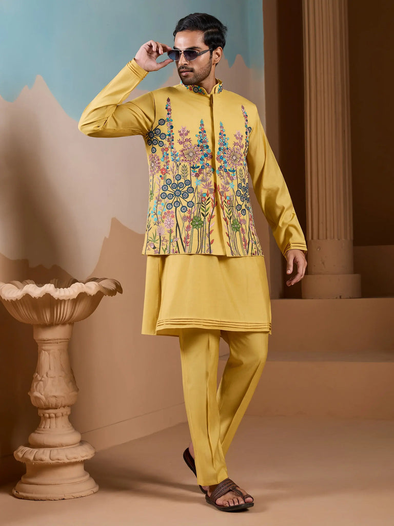 Fantastic Yellow Silk Men's Kurta And Pant With Thread Work Jacket