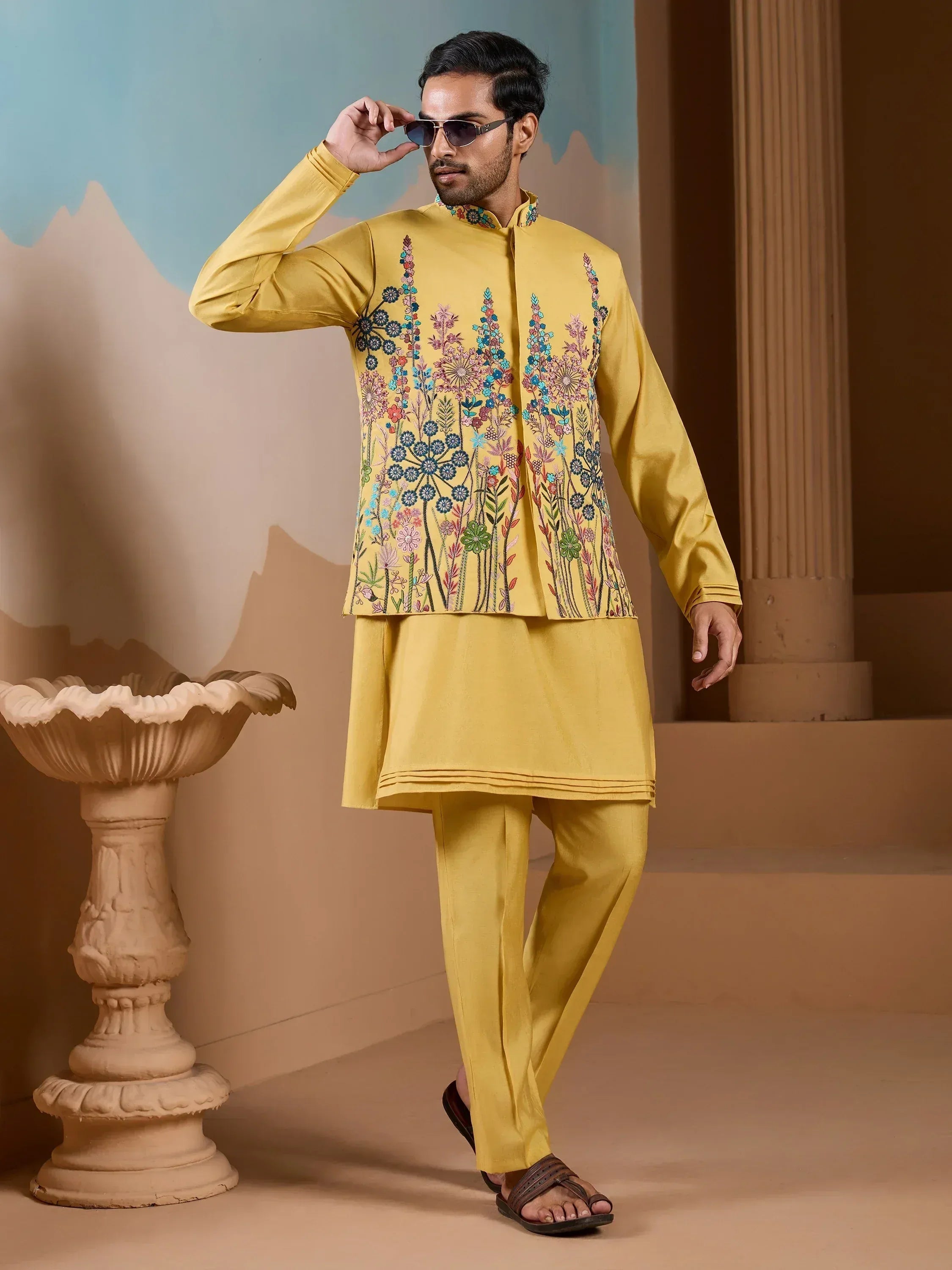 Fantastic Yellow Silk Men's Kurta And Pant With Thread Work Jacket