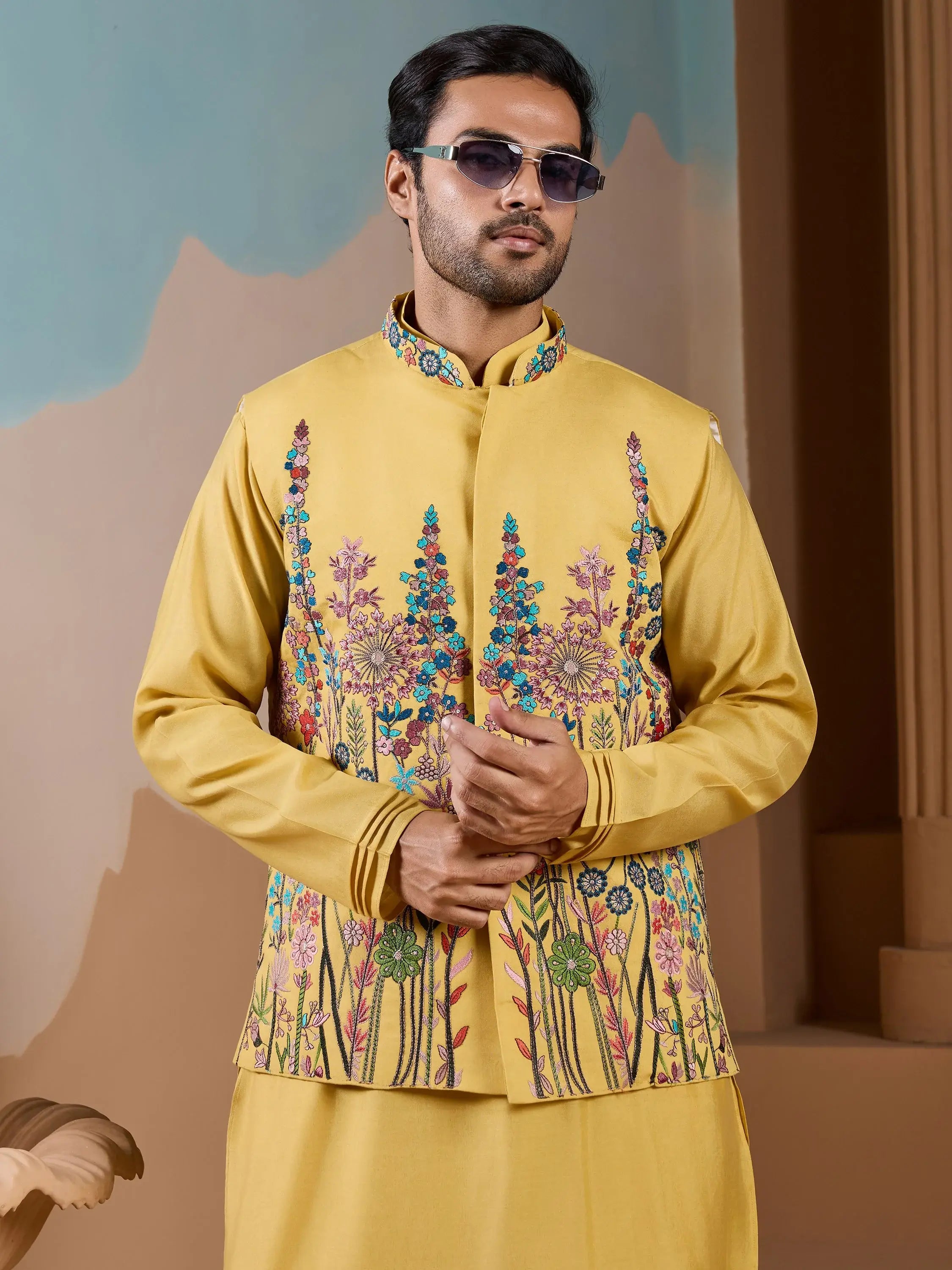 Fantastic Yellow Silk Men's Kurta And Pant With Thread Work Jacket