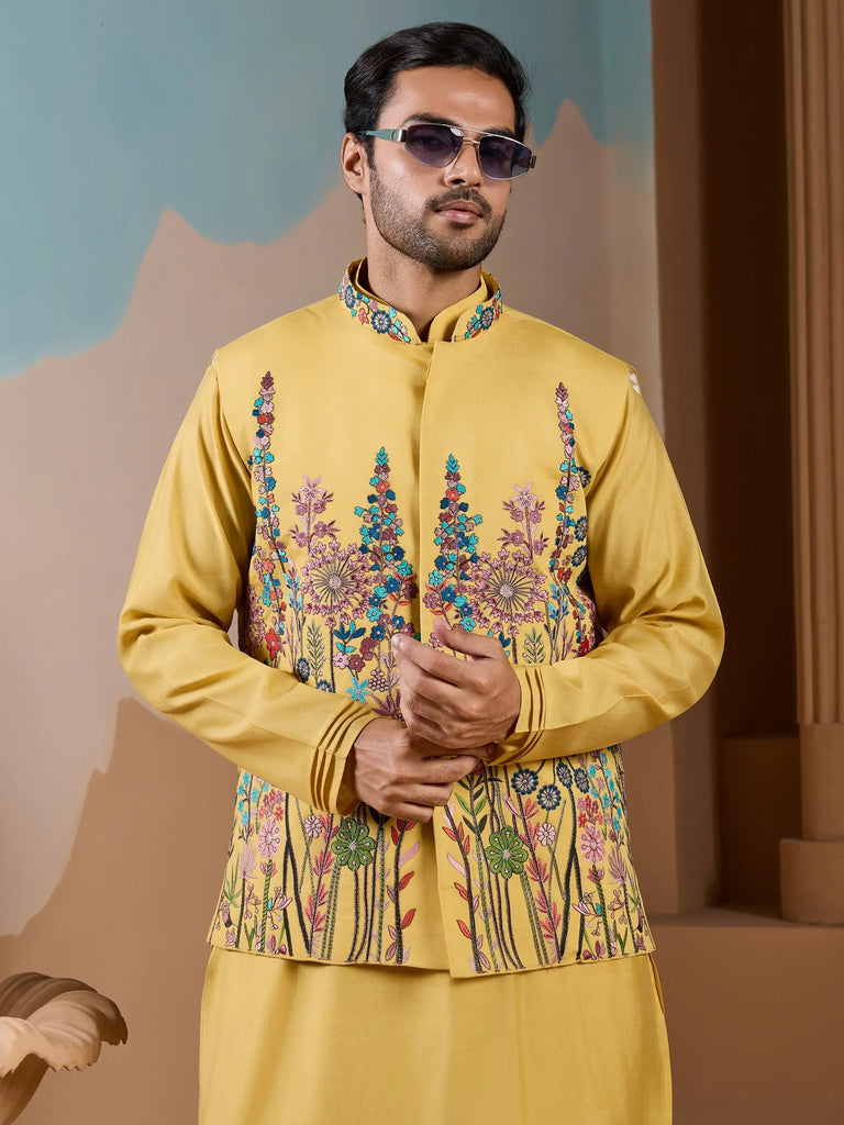 Fantastic Yellow Silk Men's Kurta And Pant With Thread Work Jacket